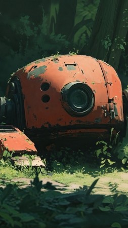 Robot wallpaper, overgrown, wilderness, background for mobile wallpaper (vertical)