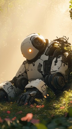 Robot wallpaper, overgrown, wilderness, background for mobile wallpaper (vertical)