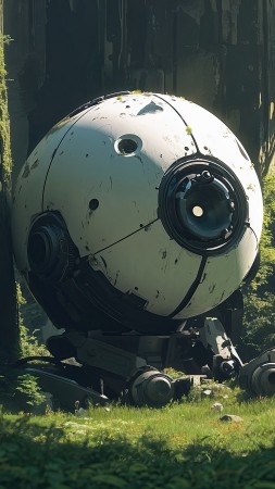 Robot wallpaper, overgrown, lost, background for mobile wallpaper (vertical)