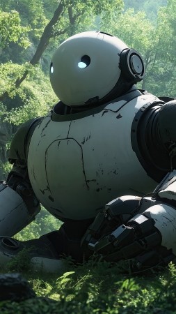 Robot wallpaper, overgrown, wilderness, background for mobile wallpaper (vertical)