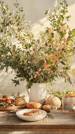 thanksgiving meal wallpaper, table, harvest dinner, background for mobile wallpaper (vertical)