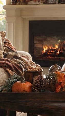 living room wallpaper, fireplace, rustic charm, background for mobile wallpaper (vertical)