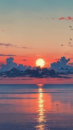 beach sunset wallpaper, ocean waves, twilight beach, background for mobile wallpaper (vertical)