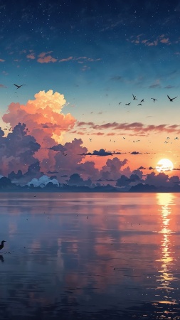 beach sunset wallpaper, horizon view, coastal view, background for mobile wallpaper (vertical)