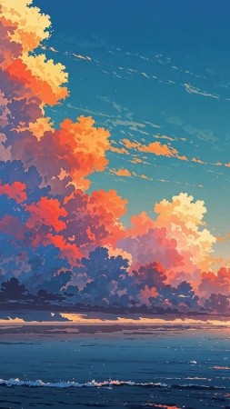 sunset over water wallpaper, waves crashing, seaside view, background for mobile wallpaper (vertical)