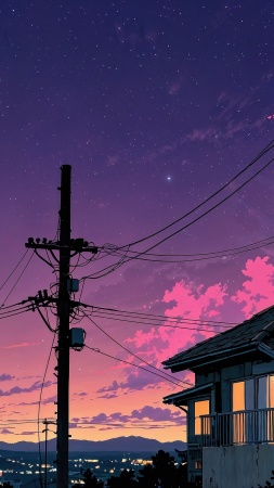 power line wallpaper, nighttime landscape, stars shining, background for mobile wallpaper (vertical)