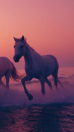 horses wallpaper, sunset, sea, background for mobile wallpaper (vertical)