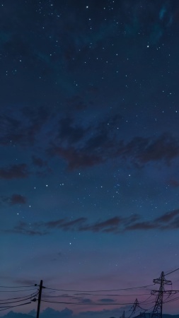 power line wallpaper, stars at night, nighttime landscape, background for mobile wallpaper (vertical)