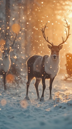 christmas reindeers wallpaper, snowy, cozy cabin, background for mobile wallpaper (vertical)
