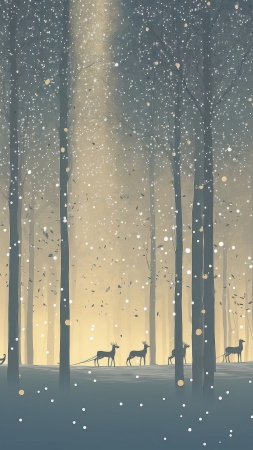 christmas reindeers wallpaper, snowy, cozy fireplace, background for mobile wallpaper (vertical)