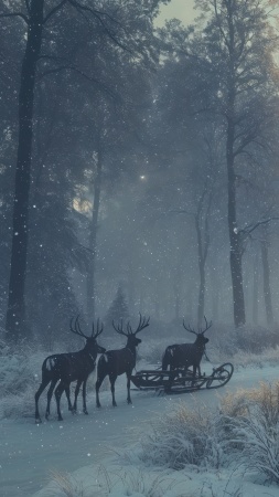christmas reindeers wallpaper, snowy, snow-covered trees, background for mobile wallpaper (vertical)