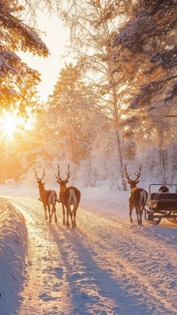 christmas reindeers wallpaper, festive decorations, snow-covered trees, background for mobile wallpaper (vertical)