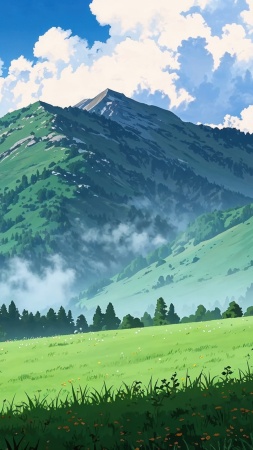 green hills wallpaper, fluffy clouds, nature beauty, background for mobile wallpaper (vertical)