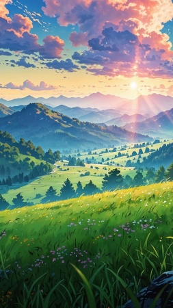 green hills wallpaper, fluffy clouds, lush landscape, background for mobile wallpaper (vertical)