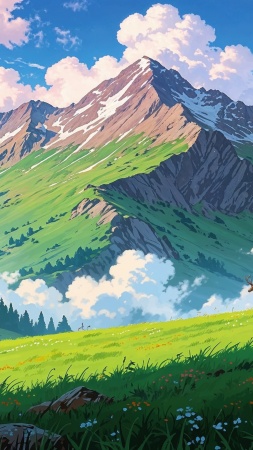 green hills wallpaper, fluffy clouds, rolling meadows, background for mobile wallpaper (vertical)