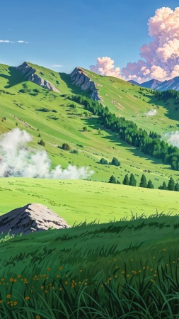 green hills wallpaper, fluffy clouds, clear blue sky, background for mobile wallpaper (vertical)