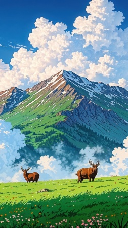 green hills wallpaper, blooming flowers, fresh grass, background for mobile wallpaper (vertical)