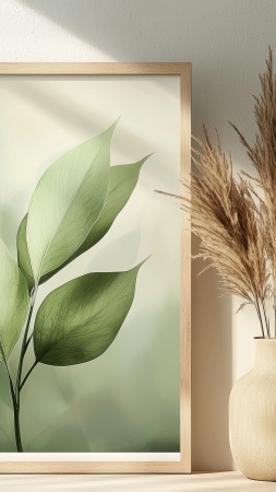 interior design wallpaper, green hue, sustainable living, background for mobile wallpaper (vertical)