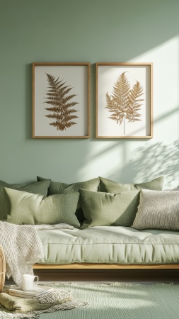 interior design wallpaper, green hue, eco-friendly interiors, background for mobile wallpaper (vertical)