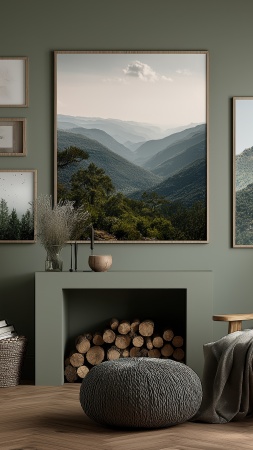 interior design wallpaper, green hue, sustainable interior design, background for mobile wallpaper (vertical)