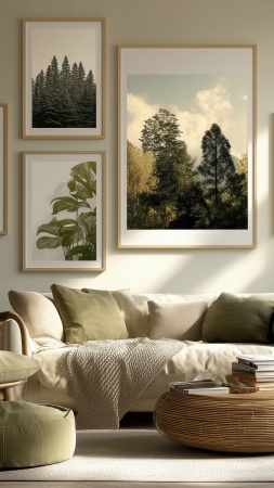 biophilic interior design wallpaper, organic aesthetics, natural light, background for mobile wallpaper (vertical)