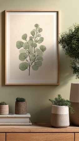 biophilic interior design wallpaper, organic aesthetics, natural materials, background for mobile wallpaper (vertical)