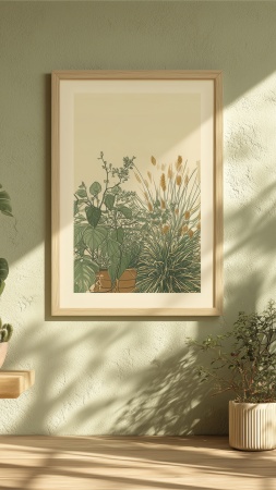 interior design wallpaper, green hue, lush foliage, background for mobile wallpaper (vertical)