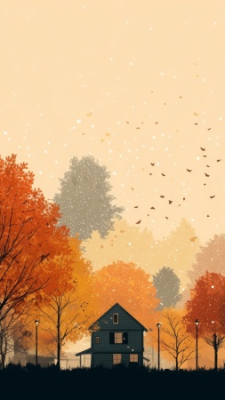 fall landscape wallpaper, cozy town, seasonal change, background for mobile wallpaper (vertical)