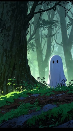 halloween ghosts wallpaper, foggy forest, chibi art, background for mobile wallpaper (vertical)