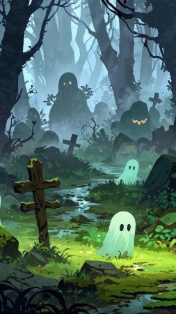 ghosts wallpaper, cute halloween, haunted forest, background for mobile wallpaper (vertical)