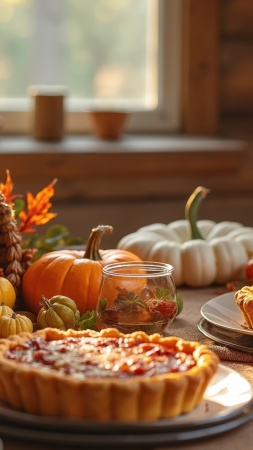 gourds wallpaper, cozy home, thanksgiving dinner table, background for mobile wallpaper (vertical)