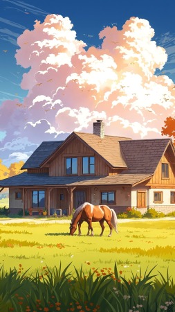 modern farmhouse wallpaper, autumn house, country living, background for mobile wallpaper (vertical)