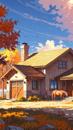 modern farmhouse wallpaper, autumn house, farmhouse style, background for mobile wallpaper (vertical)