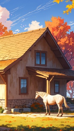 modern farmhouse wallpaper, autumn house, farmhouse interior, background for mobile wallpaper (vertical)
