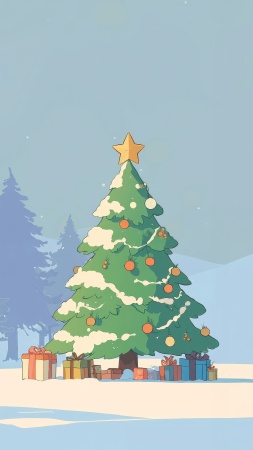 snowy pine trees wallpaper, festive lights, december festivities, background for mobile wallpaper (vertical)