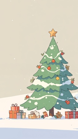 december festivities wallpaper, cozy fireplace, snow-covered pine tree, background for mobile wallpaper (vertical)