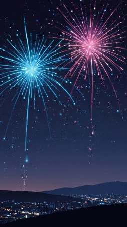 new year fireworks wallpaper, cityscape, city lights, background for mobile wallpaper (vertical)