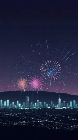 new year fireworks wallpaper, cityscape, holiday festivities, background for mobile wallpaper (vertical)