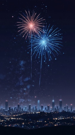 new year fireworks wallpaper, cityscape, holiday festivities, background for mobile wallpaper (vertical)