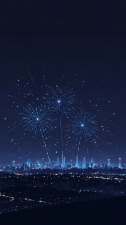 new years eve wallpaper, city skyline, festive celebrations, background for mobile wallpaper (vertical)