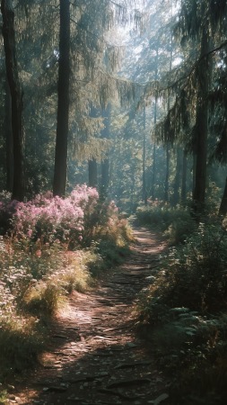 forest photography wallpaper, hiking trail, earthy tones, background for mobile wallpaper (vertical)
