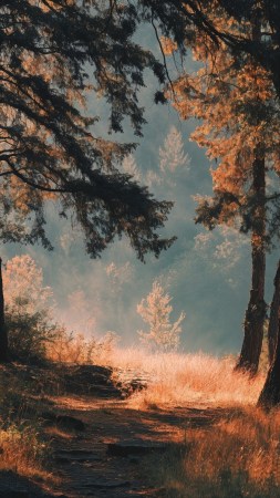 golden hour light wallpaper, warm hues, woodland scenery, background for mobile wallpaper (vertical)