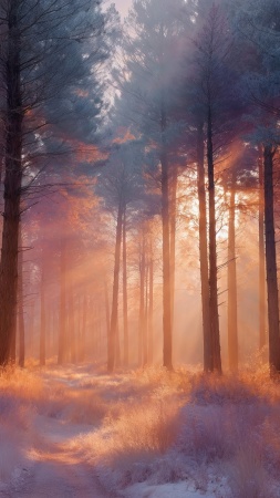 deep woods wallpaper, golden color, magical landscape, background for mobile wallpaper (vertical)