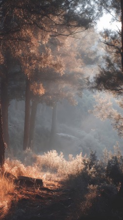 atmospheric light wallpaper, deep woods, tranquil scene, background for mobile wallpaper (vertical)