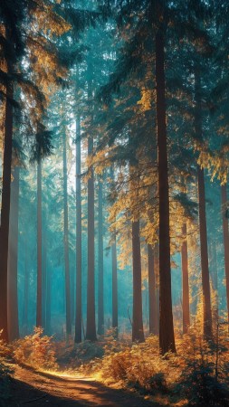 god rays wallpaper, forest landscape, deep woods, background for mobile wallpaper (vertical)