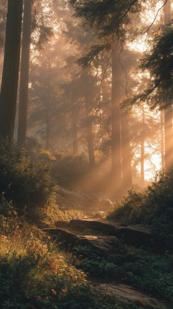 path wallpaper, sunlight filtering, ethereal glow, background for mobile wallpaper (vertical)