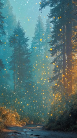 ethereal color wallpaper, sunlit trees, fairy tale forest, background for mobile wallpaper (vertical)