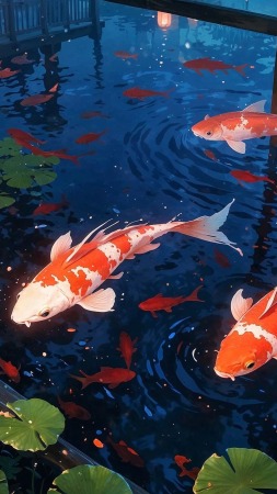 japanese garden wallpaper, water feature, koi pond, background for mobile wallpaper (vertical)