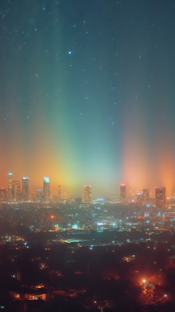 vibrant city wallpaper, cityscape art, rainbow light, background for mobile wallpaper (vertical)