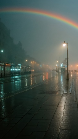 neon rainbow wallpaper, seaside sunset, urban aesthetic, background for mobile wallpaper (vertical)